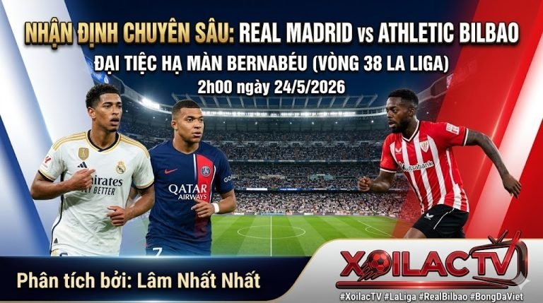 Hình ảnh nhận định trực tiếp trận đấu Real Madrid vs Athletic Bilbao với cuộc đối đầu giữa Kylian Mbappé và Iñaki Williams trên Xoilac TV.