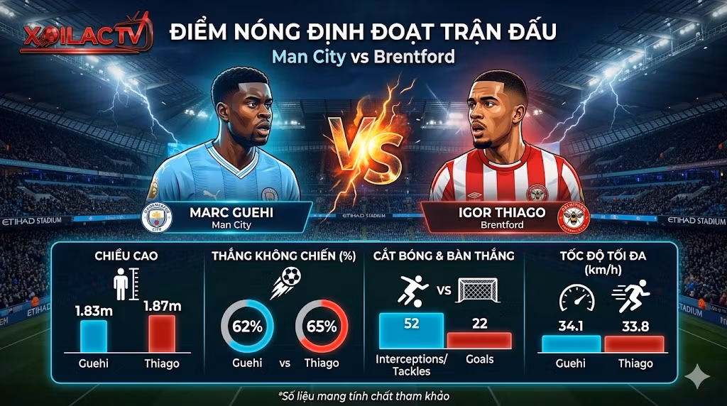 Điểm nóng định đoạt trận đấu: Đồ họa so sánh chỉ số sức mạnh đối đầu trực tiếp giữa trung vệ Marc Guehi (Man City) và tiền đạo Igor Thiago (Brentford) từ chuyên gia Xoilac TV.