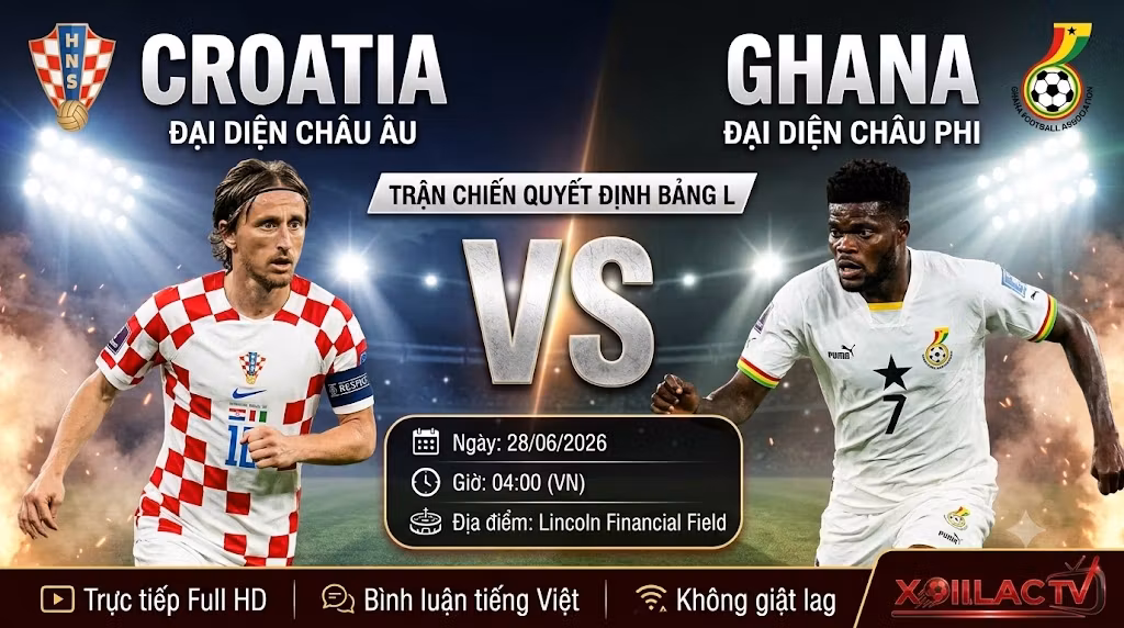 Nhận định trực tiếp trận đấu Croatia vs Ghana tại vòng bảng World Cup 2026 trên nền tảng Xoilac TV.
