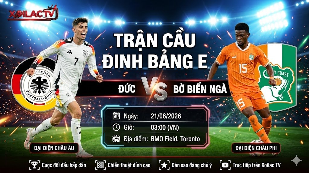 Ảnh bìa nhận định trận đấu Đức vs Bờ Biển Ngà tại vòng bảng World Cup 2026, phát trực tiếp Full HD trên Xoilac TV.