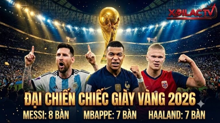Hình ảnh so sánh 5 ứng cử viên hàng đầu cho danh hiệu Chiếc giày vàng World Cup 2026: Lionel Messi, Kylian Mbappe, Erling Haaland, Harry Kane và Jude Bellingham.