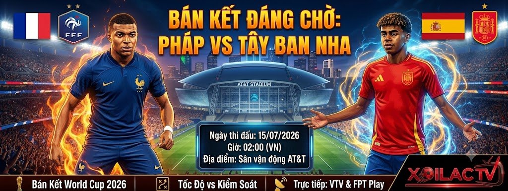 Hình ảnh nhận định Pháp vs Tây Ban Nha bán kết World Cup 2026 - Màn đối đầu rực lửa giữa Mbappe và Lamine Yamal trên Xoilac TV.