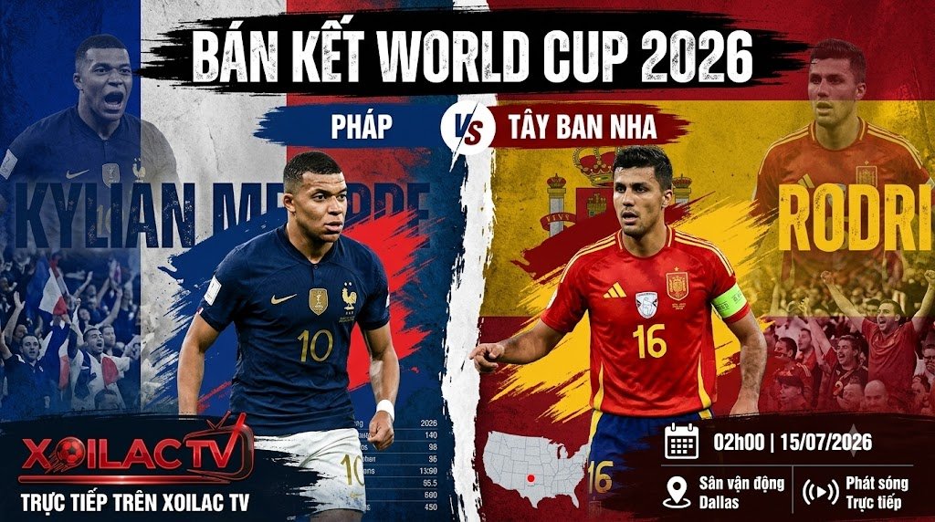 Xem trực tiếp bóng đá Pháp vs Tây Ban Nha bán kết World Cup 2026 chất lượng Full HD trên nền tảng Xoilac TV.