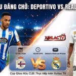 Ảnh bìa trận đấu giao hữu quốc tế giữa Deportivo La Coruña và Real Madrid trên Xoilac TV, hiển thị P. Aubameyang và Vinícius Júnior cùng thông tin thời gian 02:00 VN, ngày 13/08/2026