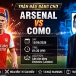 Ảnh bìa nhận định và trực tiếp bóng đá trận Arsenal vs Como lúc 01h30 ngày 13/08/2026 trên sân vận động Emirates - Xoilac TV.